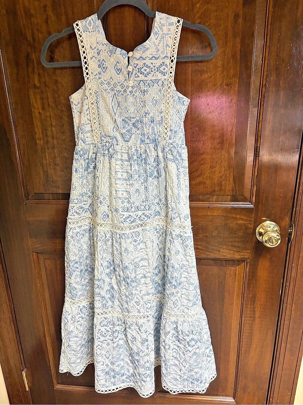 Rare Editions Southern Charm Blue & White Maxi Eyelet Dress Size 12 Like New